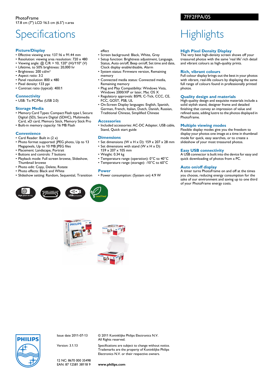 Specifications, Highlights, 7ff2fpa/05 | Philips 7FF2FPA/05 User Manual | Page 2 / 2