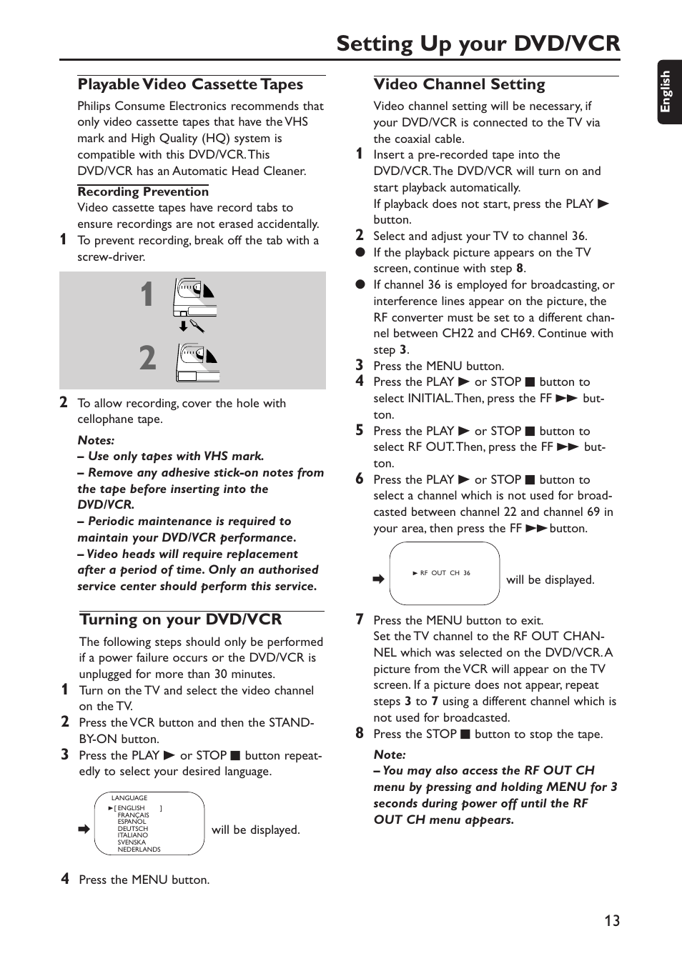 Setting up your dvd/vcr | Philips DVD740VR/001 User Manual | Page 13 / 37