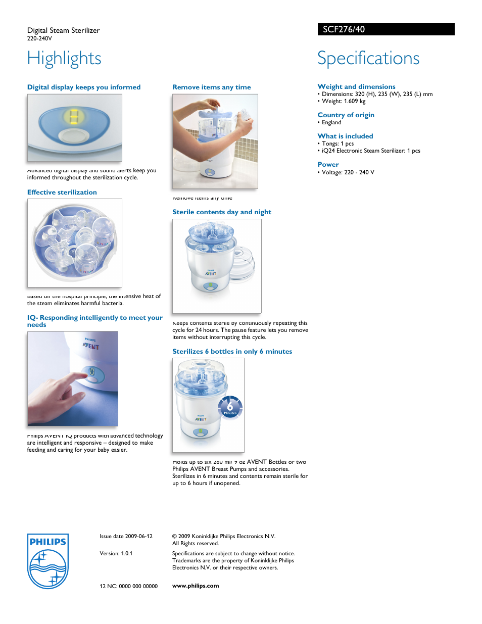 Highlights, Specifications | Philips Avent SCF276/40 User Manual | Page 2 / 2