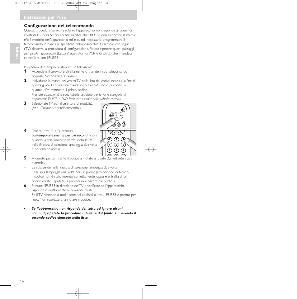 Configurazione del telecomando, Instruzioni per l’uso | Philips SBC RU 538 User Manual | Page 14 / 82