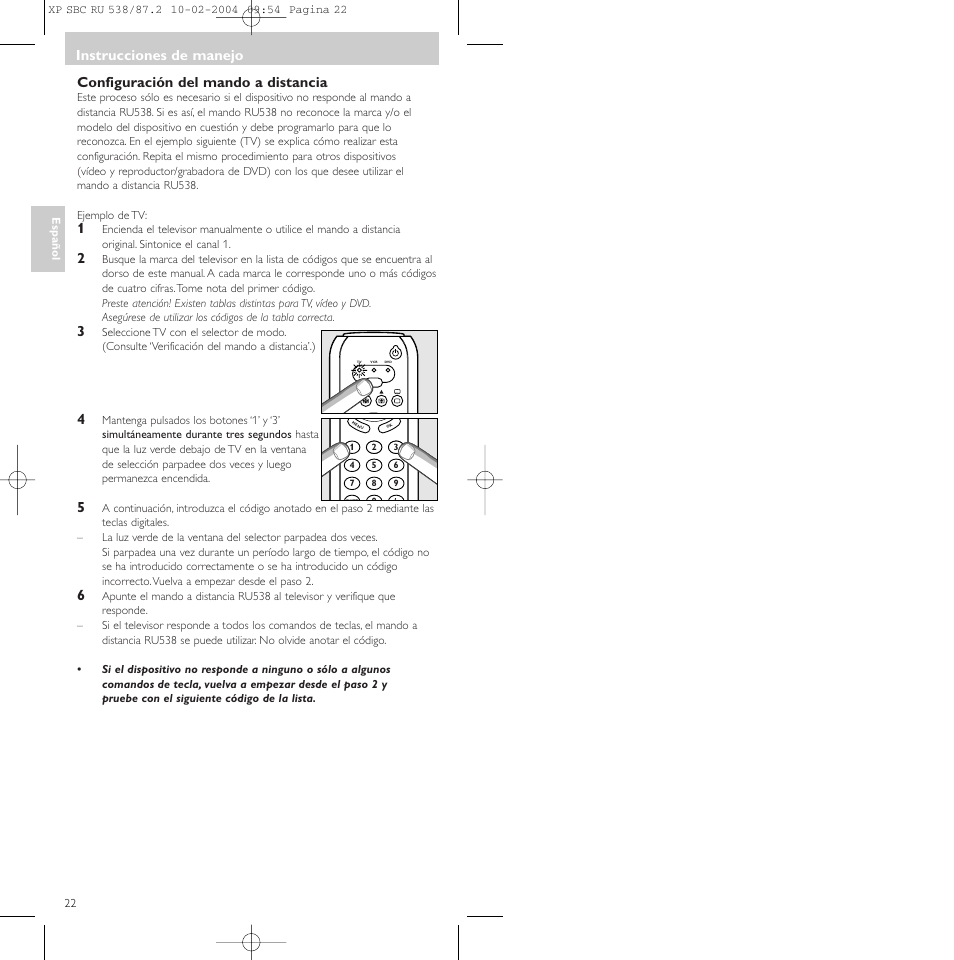 Configuración del mando a distancia, Instrucciones de manejo | Philips SBC RU 538 User Manual | Page 22 / 82