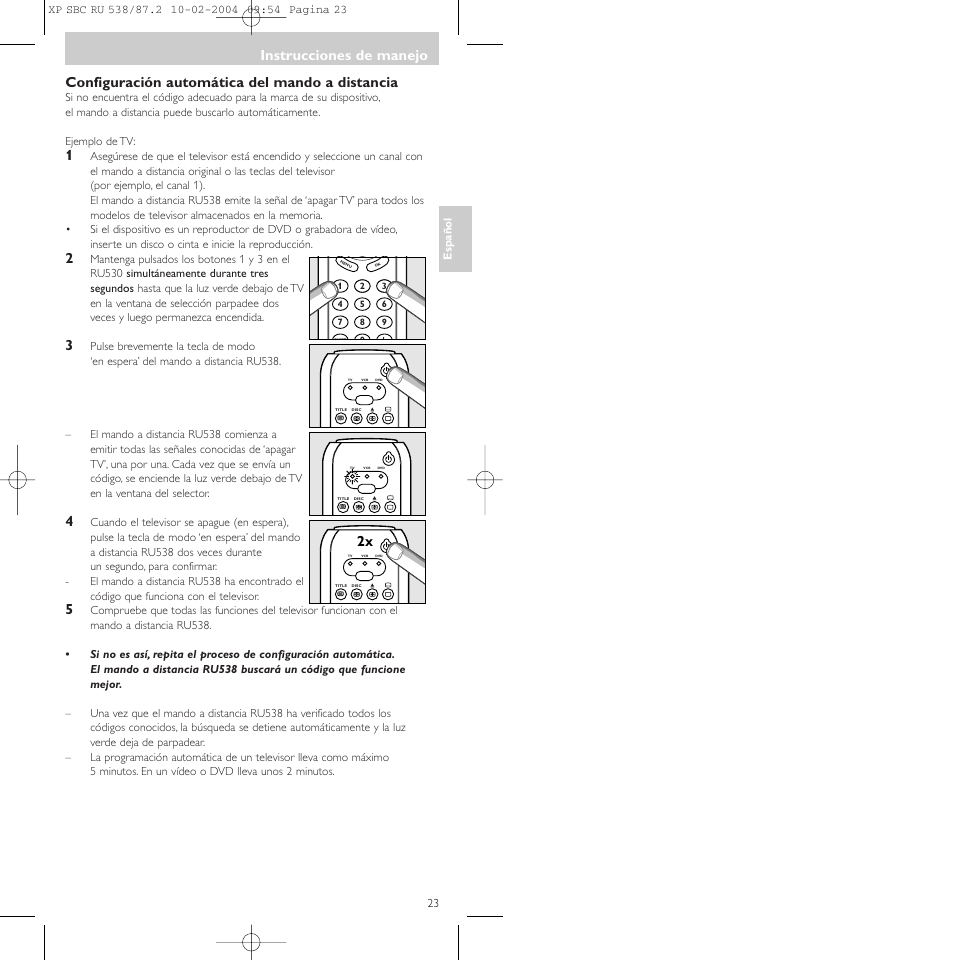 Configuración automática del mando a distancia, Instrucciones de manejo | Philips SBC RU 538 User Manual | Page 23 / 82