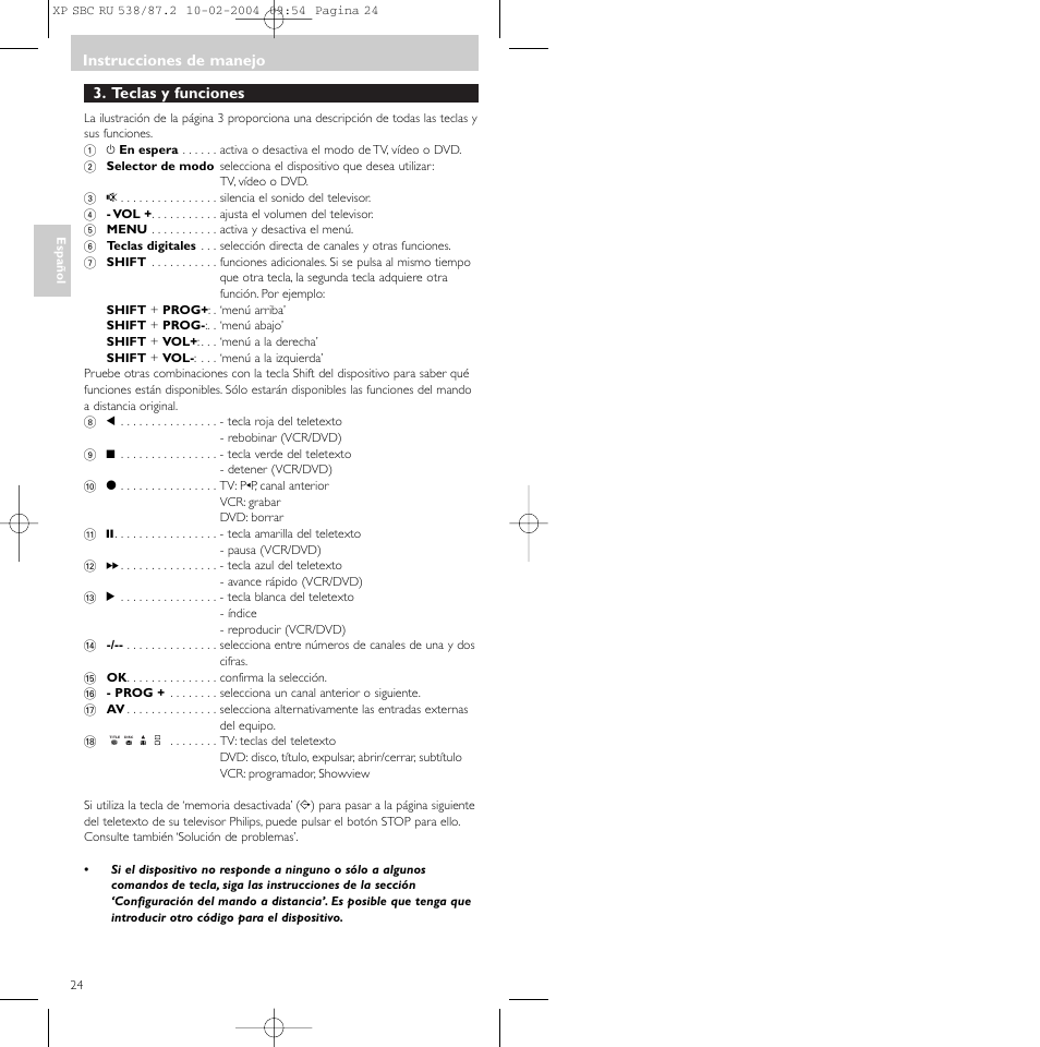 Teclas y funciones, Instrucciones de manejo | Philips SBC RU 538 User Manual | Page 24 / 82