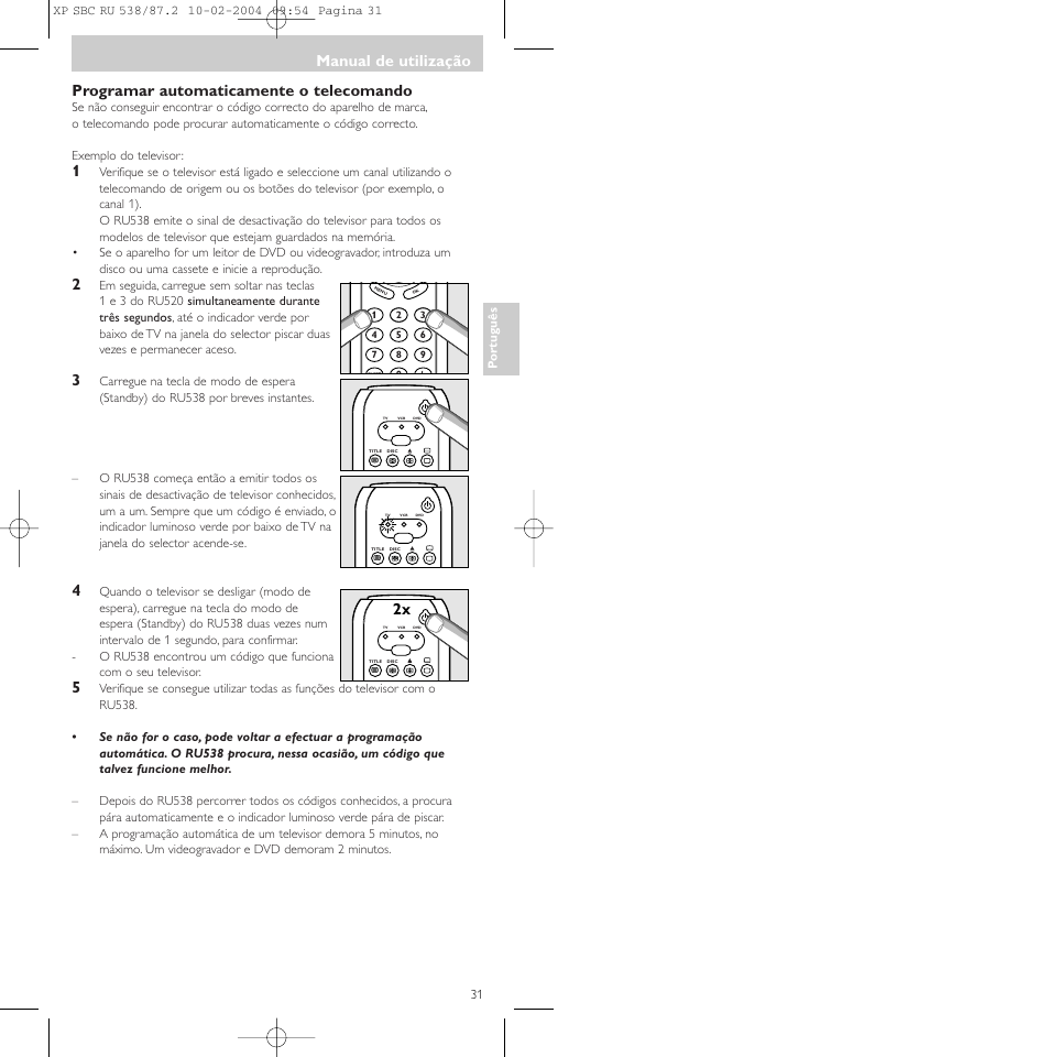 Programar automaticamente o telecomando, Manual de utilização | Philips SBC RU 538 User Manual | Page 31 / 82