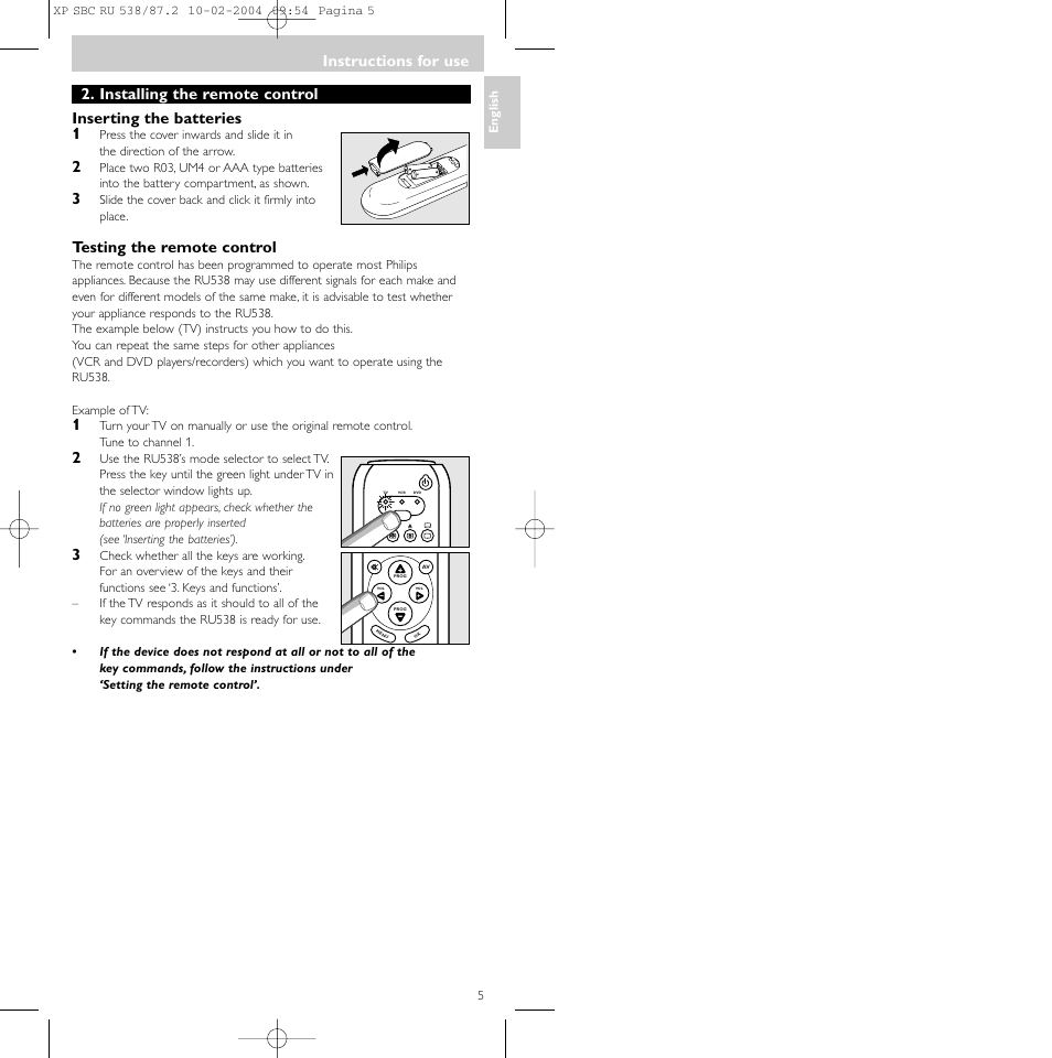 Instructions for use, Testing the remote control | Philips SBC RU 538 User Manual | Page 5 / 82