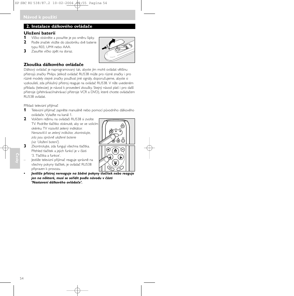 Návod k použití, Instalace dálkového ovládače uložení baterií 1, Zkouška dálkového ovládače | Philips SBC RU 538 User Manual | Page 54 / 82