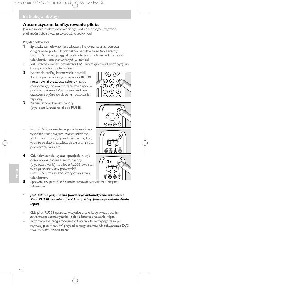 Instrukcja obsługi, Automatyczne konfigurowanie pilota | Philips SBC RU 538 User Manual | Page 64 / 82