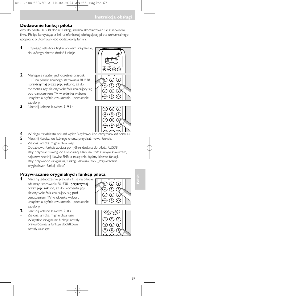 Instrukcja obsługi, Dodawanie funkcji pilota, Przywracanie oryginalnych funkcji pilota 1 | Philips SBC RU 538 User Manual | Page 67 / 82