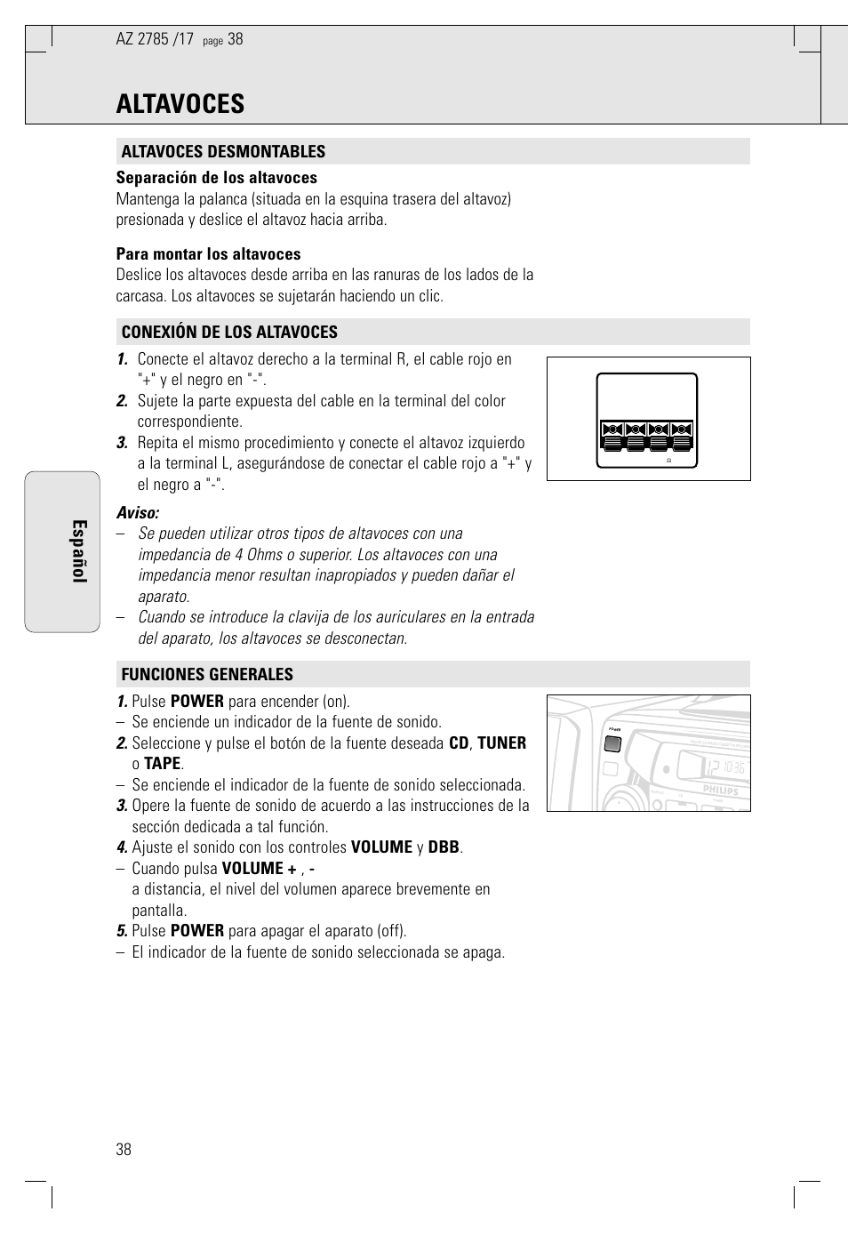 Altavoces, Español | Philips AZ 2785 User Manual | Page 10 / 18