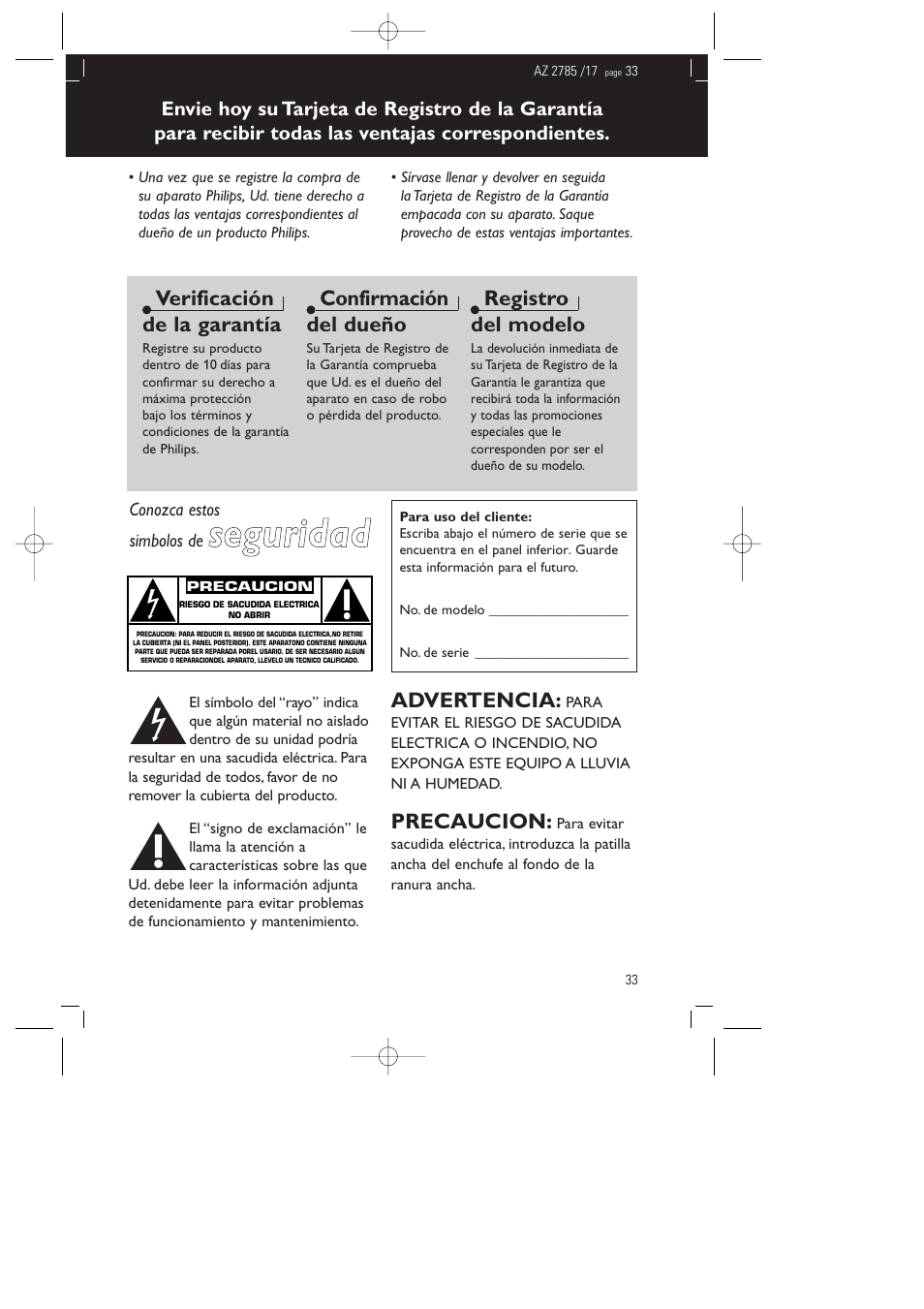 Seguridad, Verificación de la garantía, Confirmación del dueño | Registro del modelo, Advertencia, Precaucion | Philips AZ 2785 User Manual | Page 2 / 18