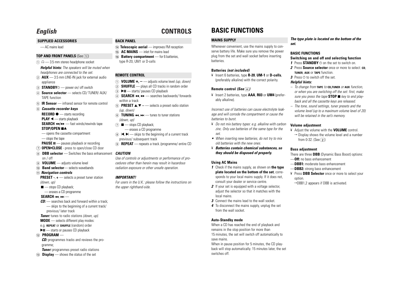 English controls, Basic functions | Philips CD SOUNDMACHINE AZ2060 User Manual | Page 3 / 6