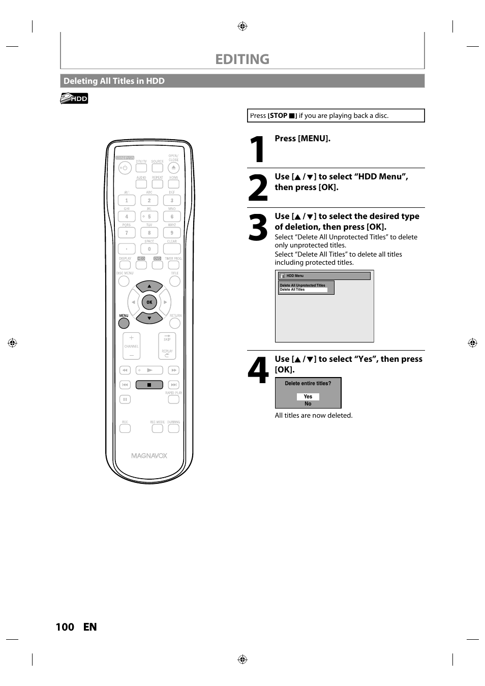 Deleting all titles in hdd | Philips MDR515H / F7 User Manual | Page 100 / 128