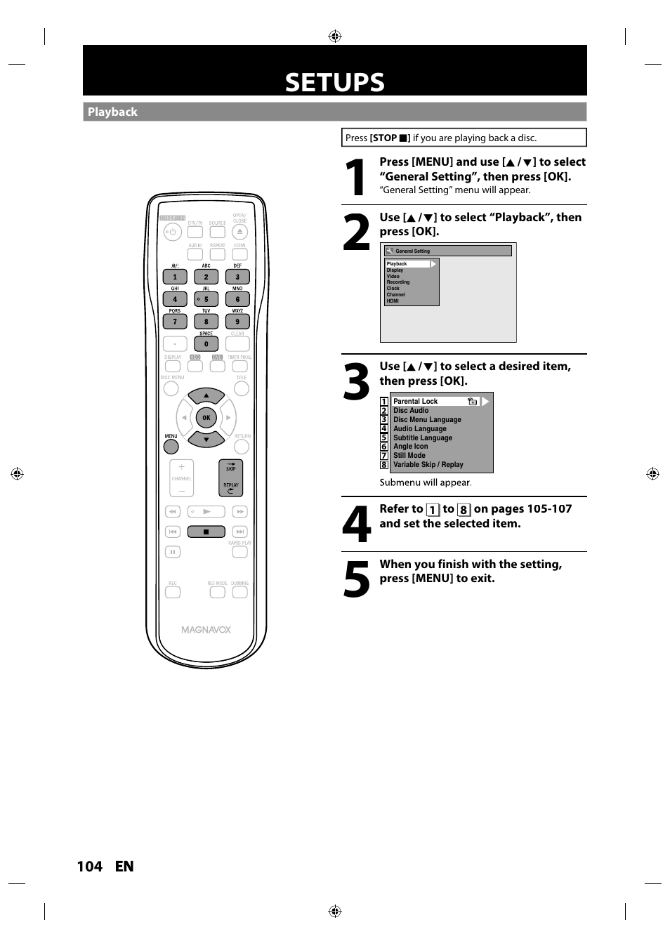 Setups, Playback | Philips MDR515H / F7 User Manual | Page 104 / 128