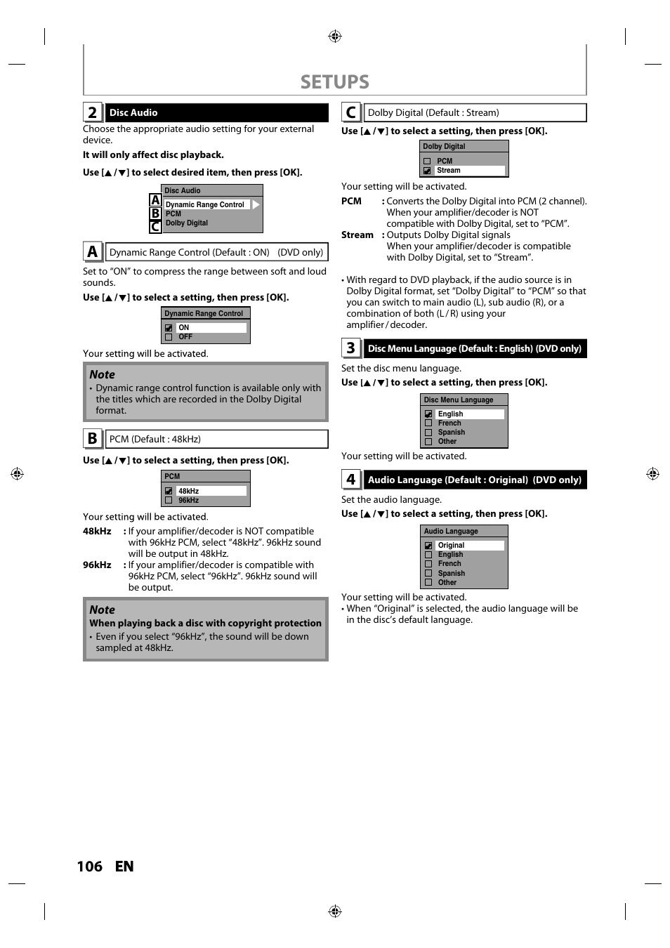Setups, 106 en en, Ab c | Philips MDR515H / F7 User Manual | Page 106 / 128