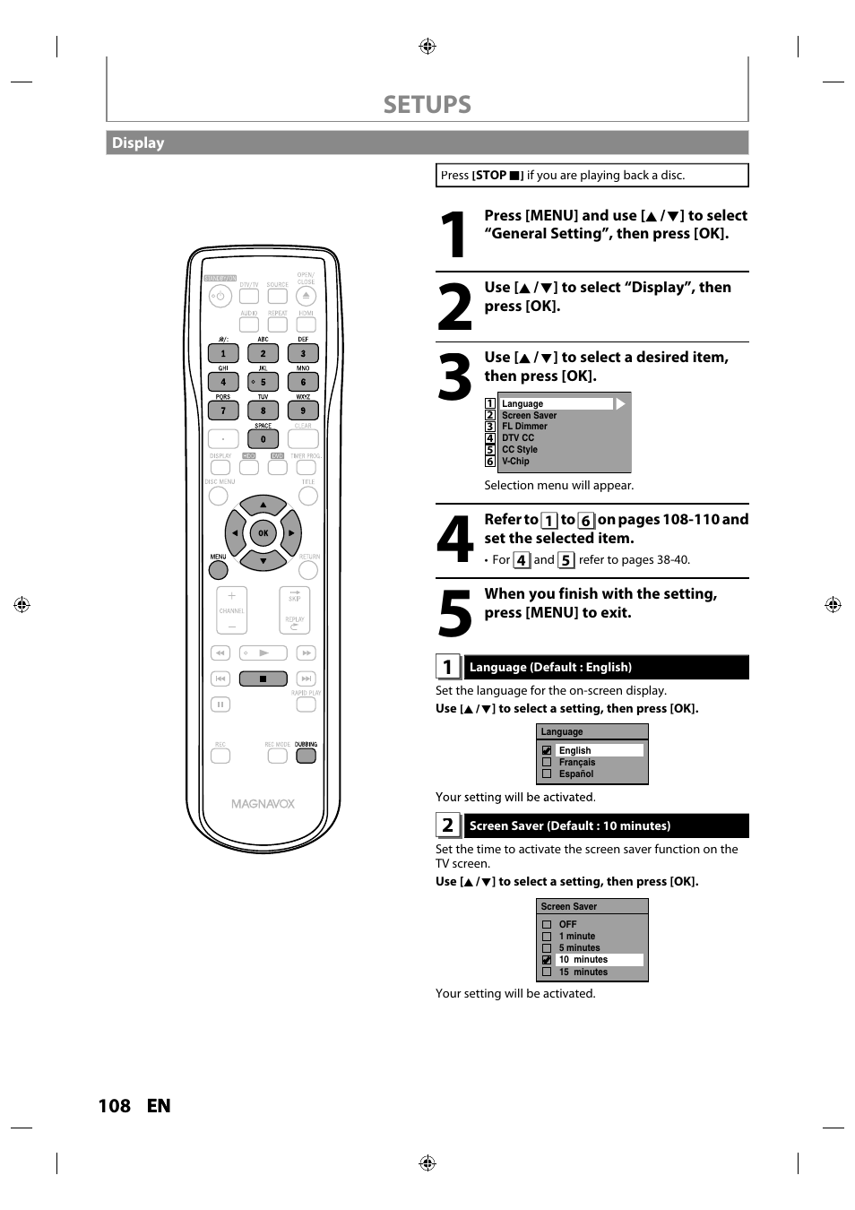 Display, Setups | Philips MDR515H / F7 User Manual | Page 108 / 128