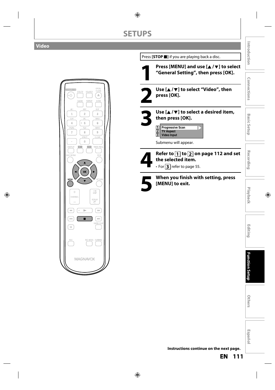 Video, Setups | Philips MDR515H / F7 User Manual | Page 111 / 128