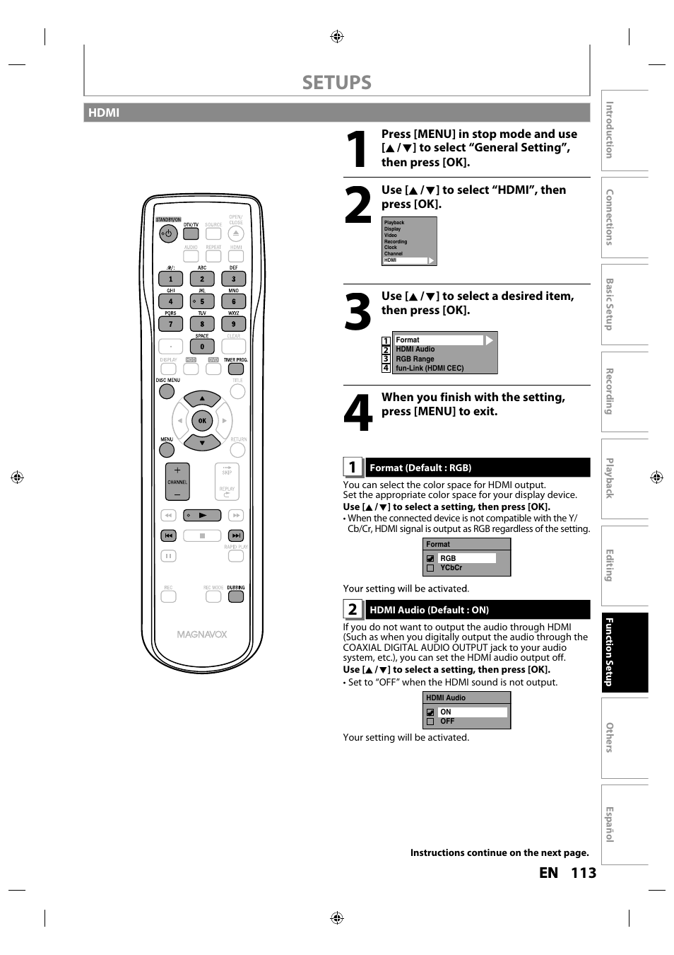 Hdmi, Setups | Philips MDR515H / F7 User Manual | Page 113 / 128