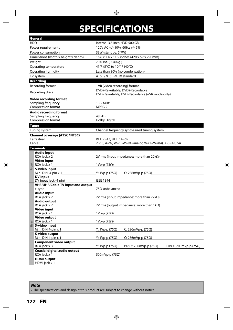 Specifications, 122 en en | Philips MDR515H / F7 User Manual | Page 122 / 128