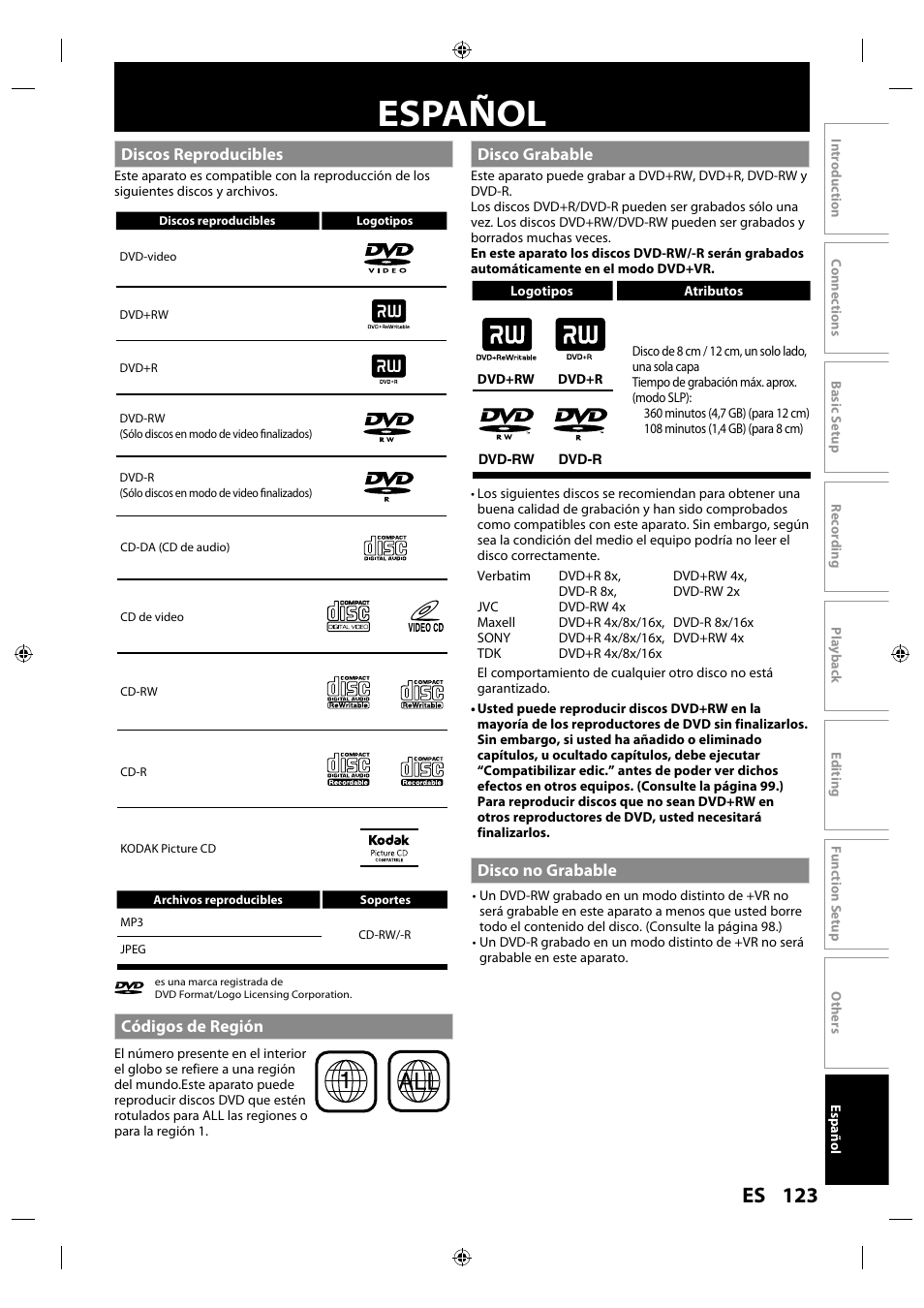 Español, Discos reproducibles, Códigos de región | Disco grabable, Disco no grabable, 123 es | Philips MDR515H / F7 User Manual | Page 123 / 128