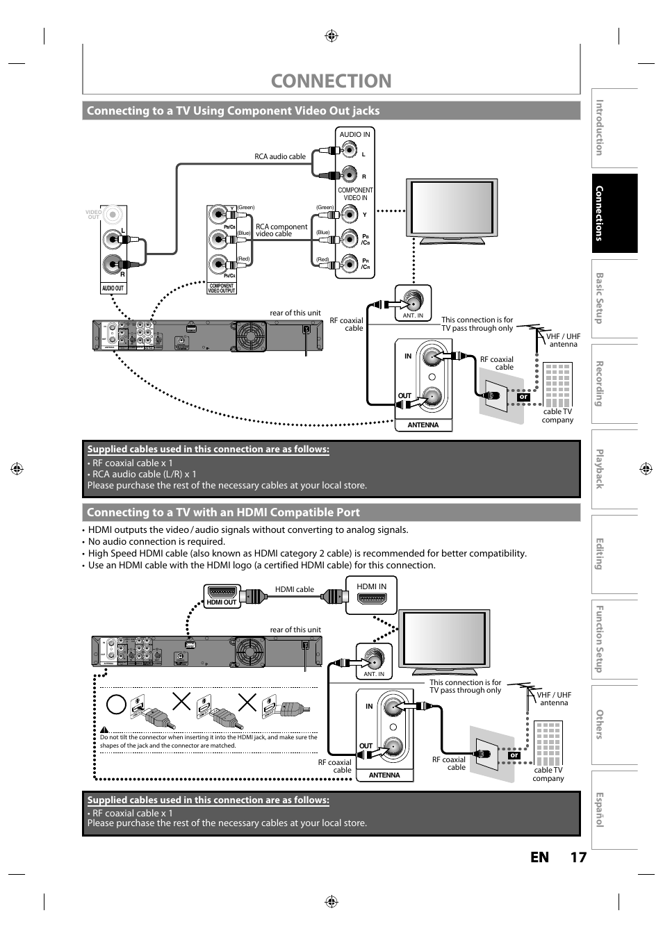 Connecting to a tv using component video out jacks, Connecting to a tv with an hdmi compatible port, Connection | 17 en en | Philips MDR515H / F7 User Manual | Page 17 / 128
