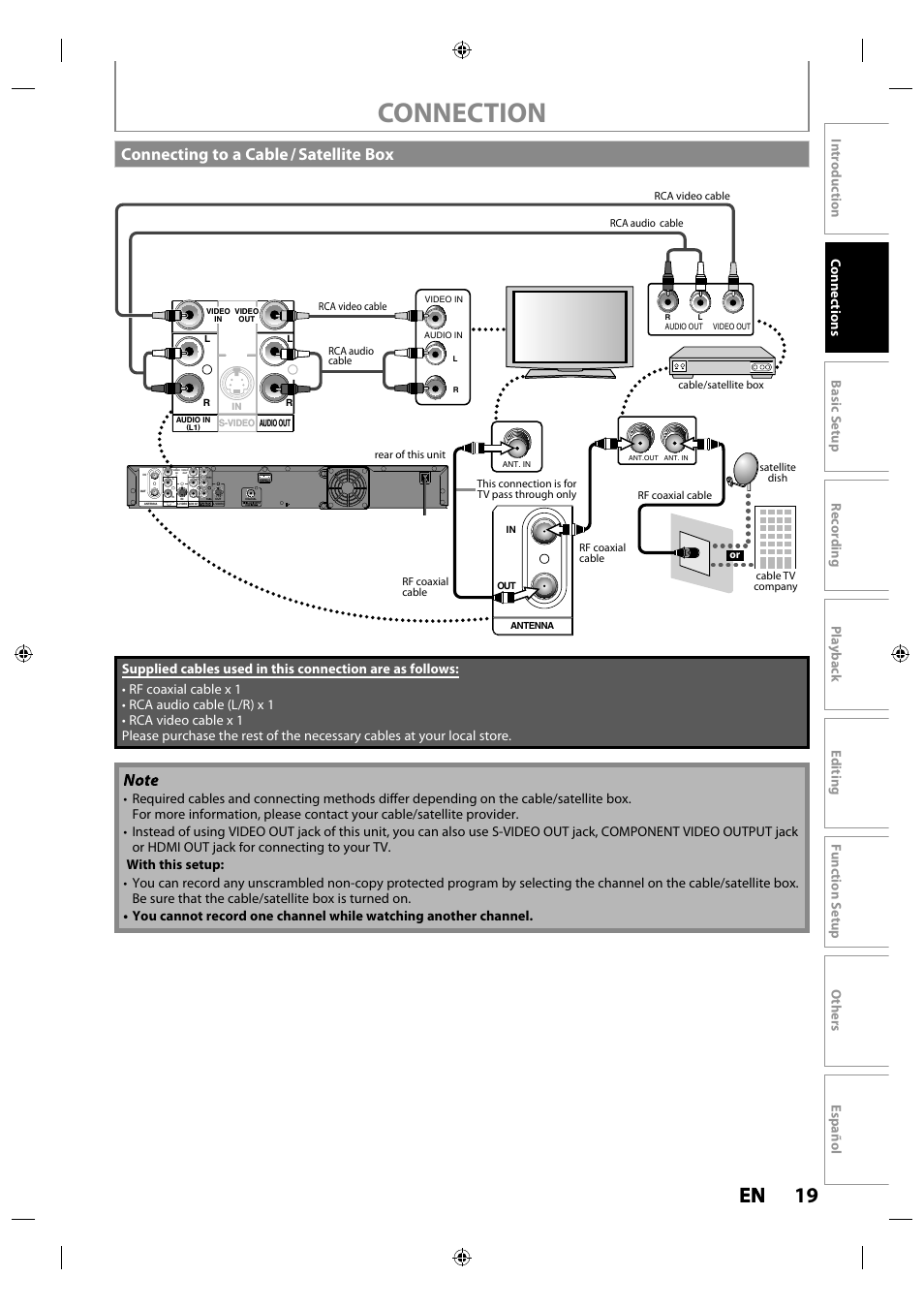 Connecting to a cable / satellite box, Connection, 19 en en | Philips MDR515H / F7 User Manual | Page 19 / 128