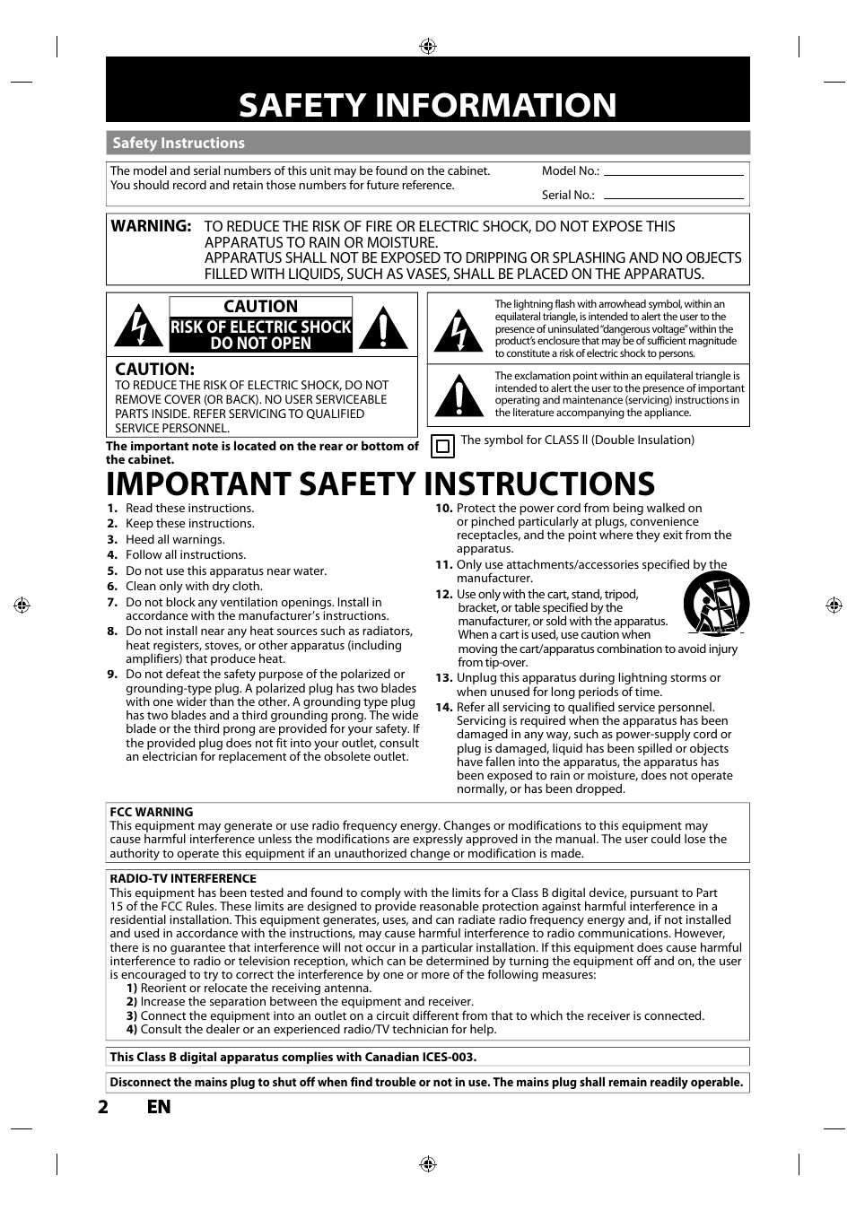 Safety information, Important safety instructions, 2en en | Caution, Caution risk of electric shock do not open | Philips MDR515H / F7 User Manual | Page 2 / 128