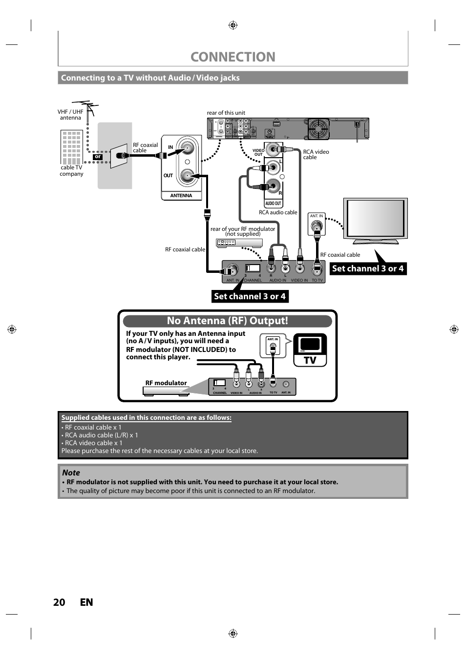 Connecting to a tv without audio / video jacks, Connection, 20 en en | No antenna (rf) output, Set channel 3 or 4, Rf modulator | Philips MDR515H / F7 User Manual | Page 20 / 128