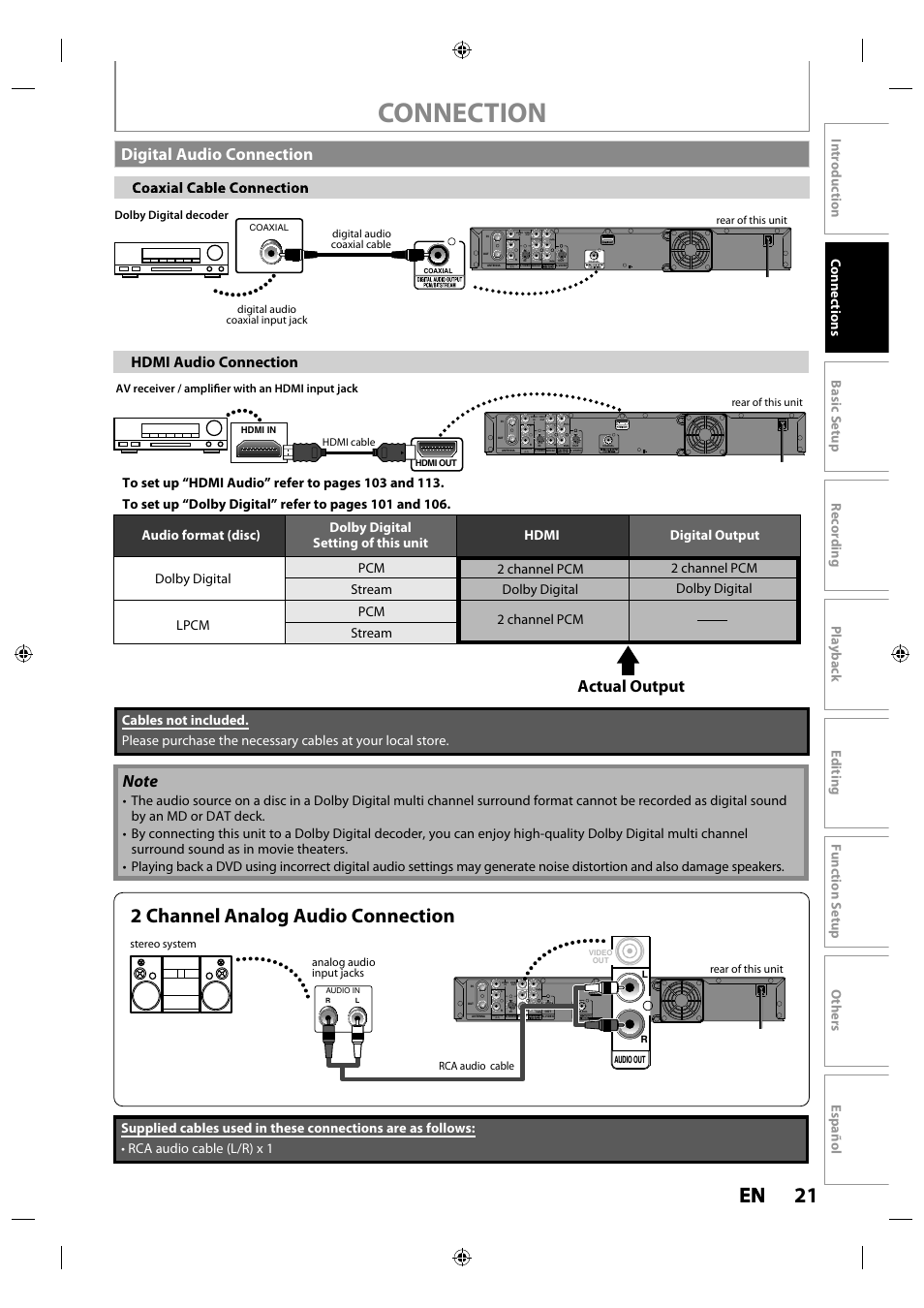 Digital audio connection, Connection, 21 en en | 2 channel analog audio connection, Actual output, Hdmi audio connection | Philips MDR515H / F7 User Manual | Page 21 / 128