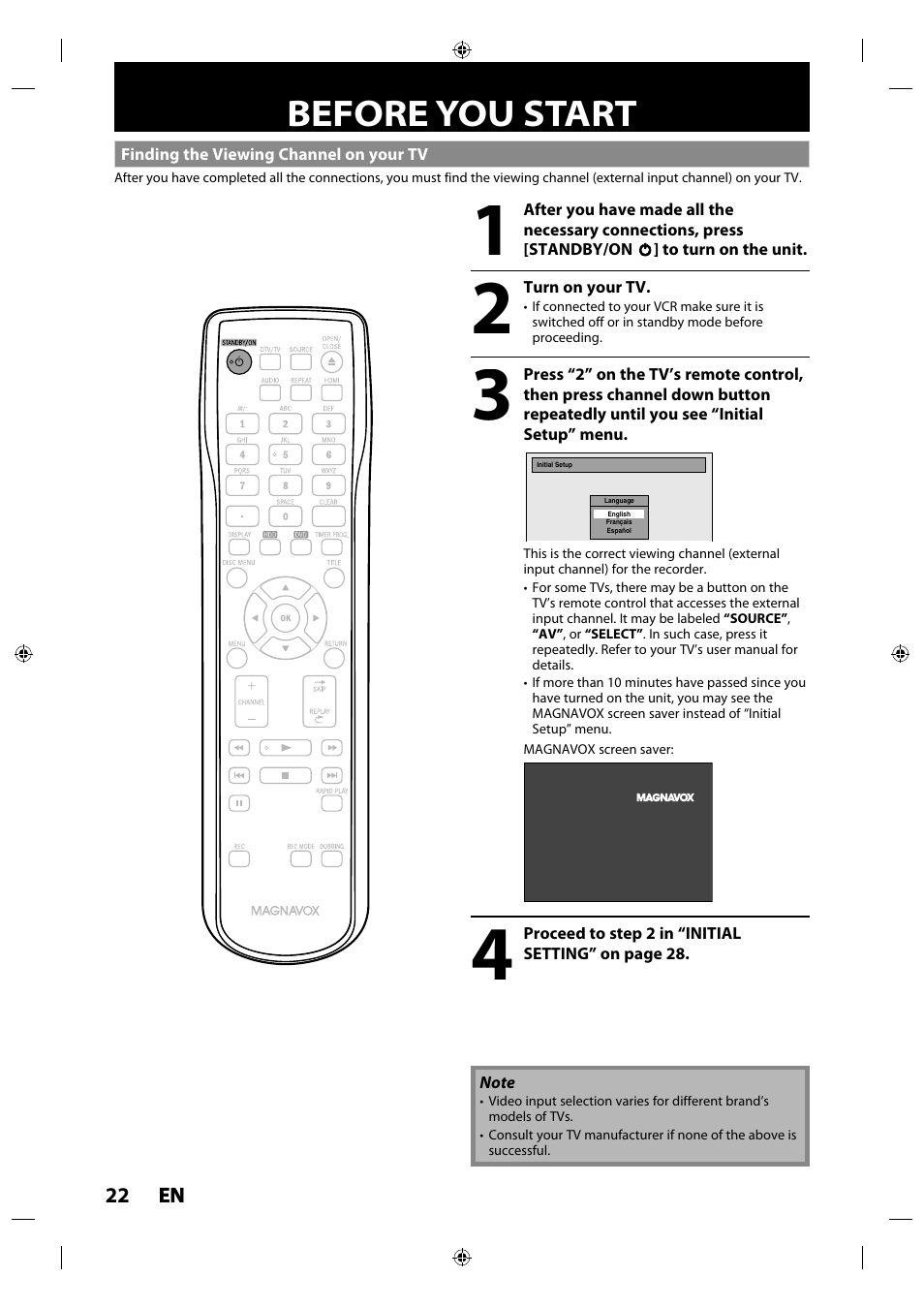 Before you start, Finding the viewing channel on your tv | Philips MDR515H / F7 User Manual | Page 22 / 128