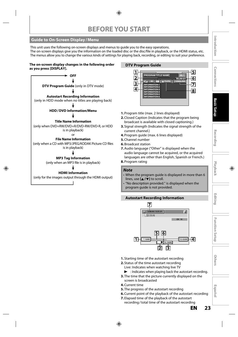 Guide to on-screen display / menu, Before you start, 23 en en | Philips MDR515H / F7 User Manual | Page 23 / 128