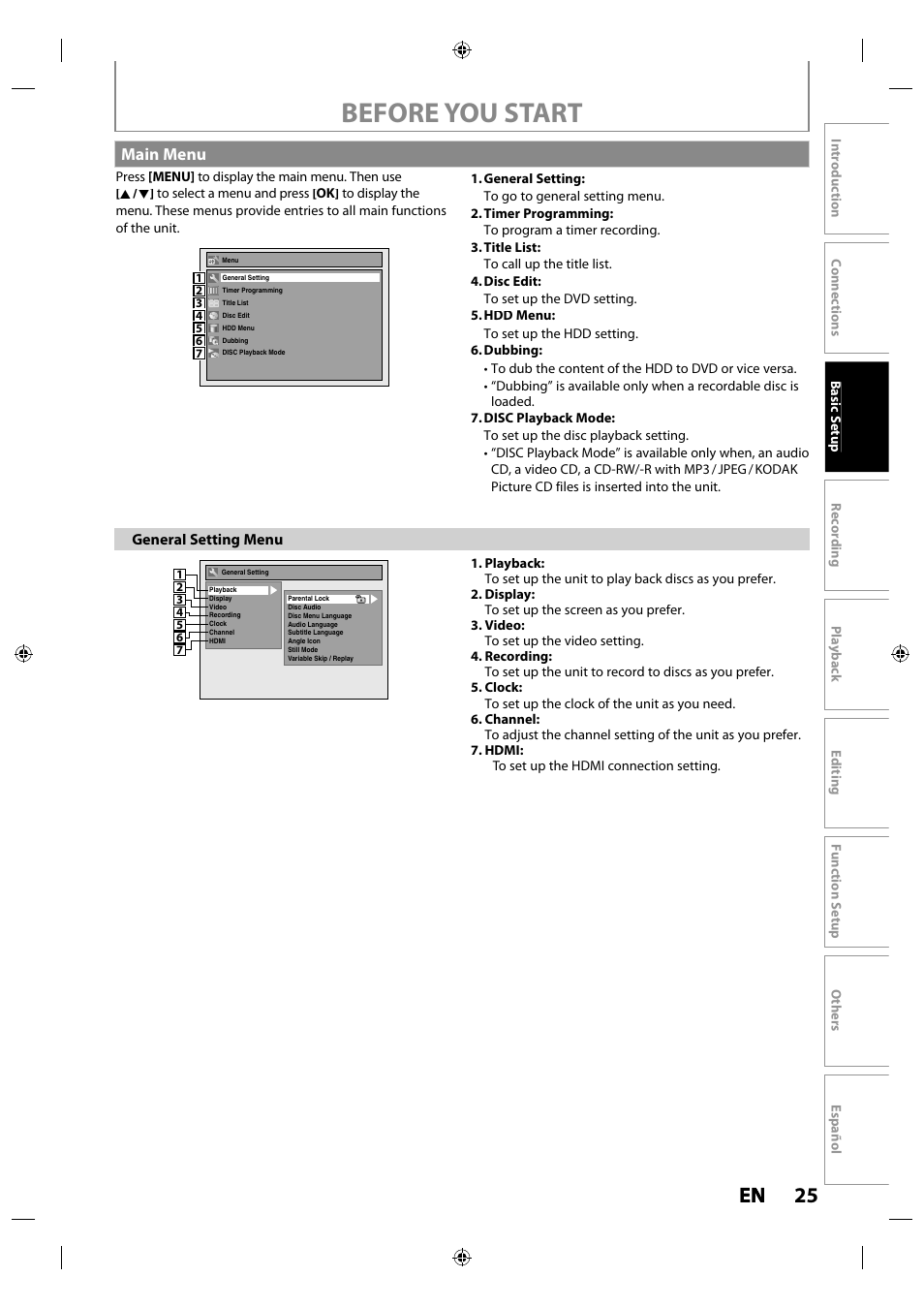Main menu, Before you start, 25 en en | Philips MDR515H / F7 User Manual | Page 25 / 128