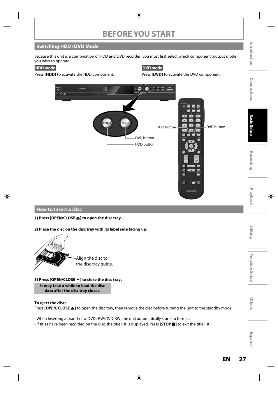 Switching hdd / dvd mode, How to insert a disc, Before you start | 27 en en | Philips MDR515H / F7 User Manual | Page 27 / 128