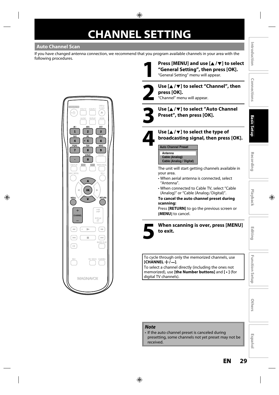 Channel setting, Auto channel scan | Philips MDR515H / F7 User Manual | Page 29 / 128