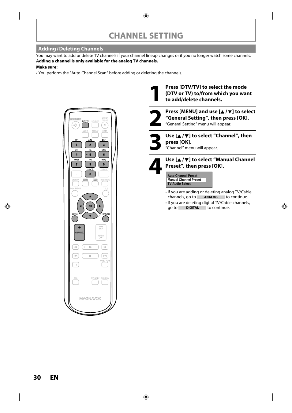 Adding / deleting channels, Channel setting | Philips MDR515H / F7 User Manual | Page 30 / 128