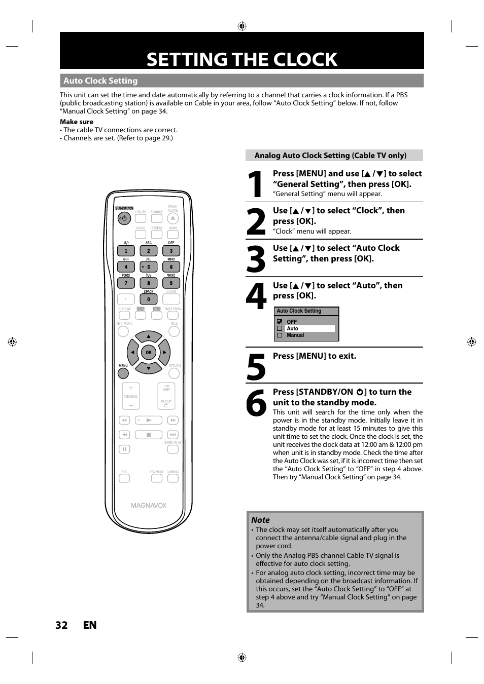 Setting the clock, Auto clock setting | Philips MDR515H / F7 User Manual | Page 32 / 128