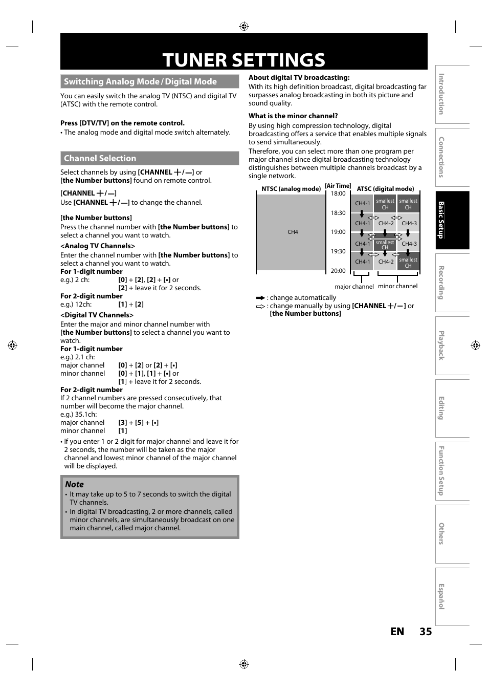 Tuner settings, Switching analog mode / digital mode, Channel selection | 35 en en | Philips MDR515H / F7 User Manual | Page 35 / 128