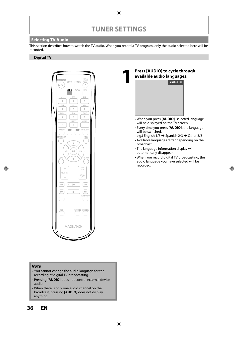 Selecting tv audio, Tuner settings, 36 en en | Philips MDR515H / F7 User Manual | Page 36 / 128
