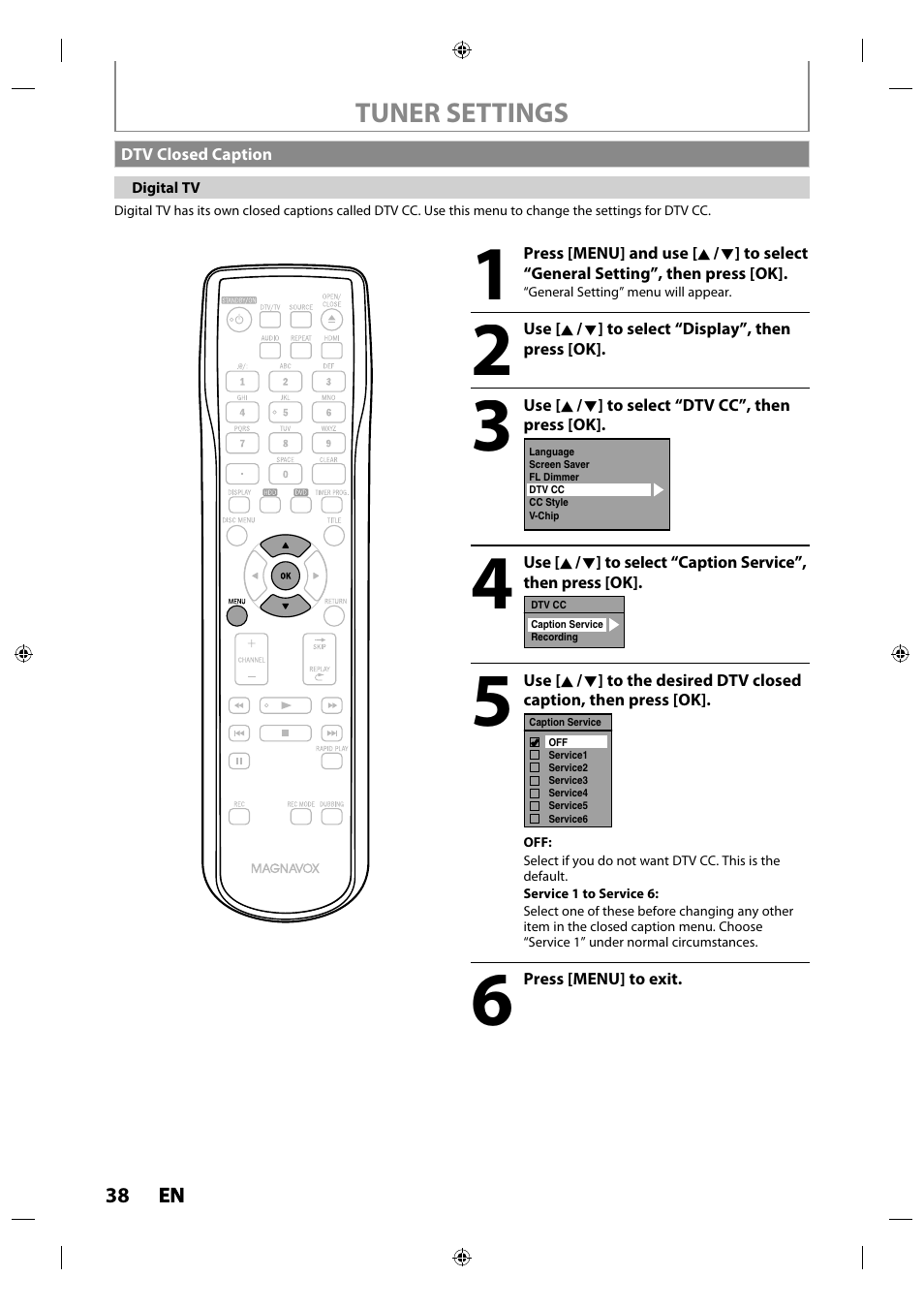 Dtv closed caption | Philips MDR515H / F7 User Manual | Page 38 / 128