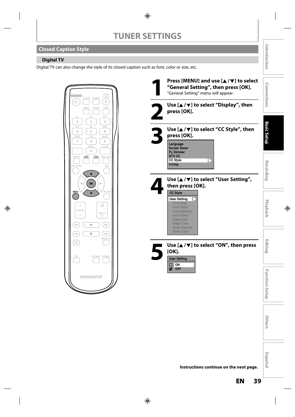 Closed caption style, Tuner settings | Philips MDR515H / F7 User Manual | Page 39 / 128