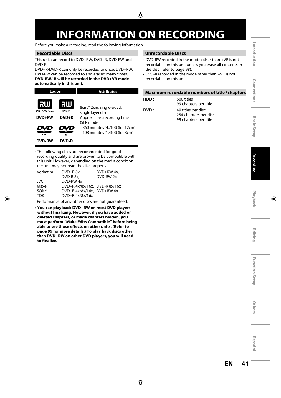 Information on recording, 41 en en | Philips MDR515H / F7 User Manual | Page 41 / 128