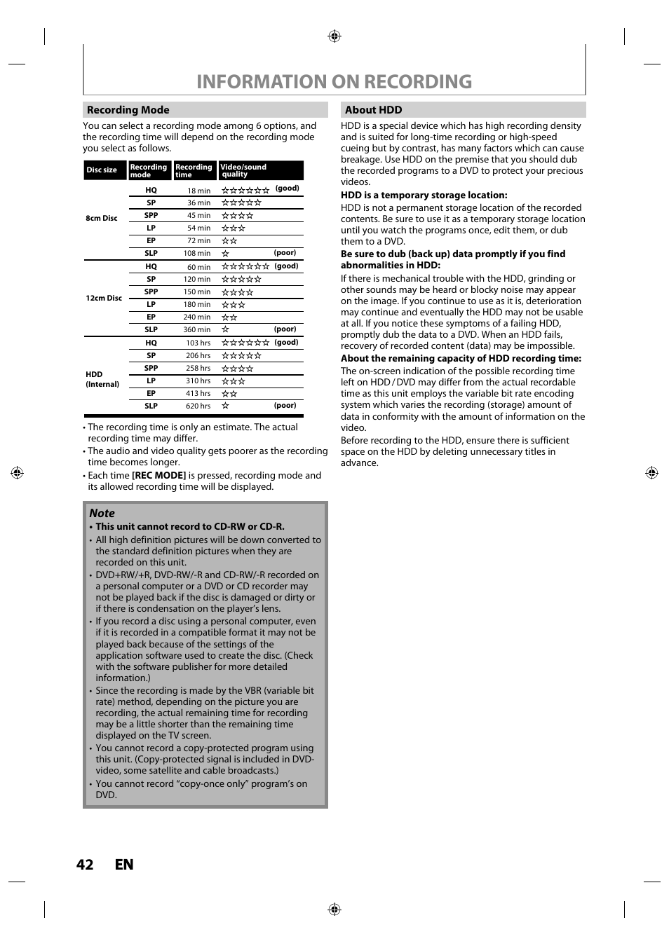 Information on recording, 42 en en | Philips MDR515H / F7 User Manual | Page 42 / 128