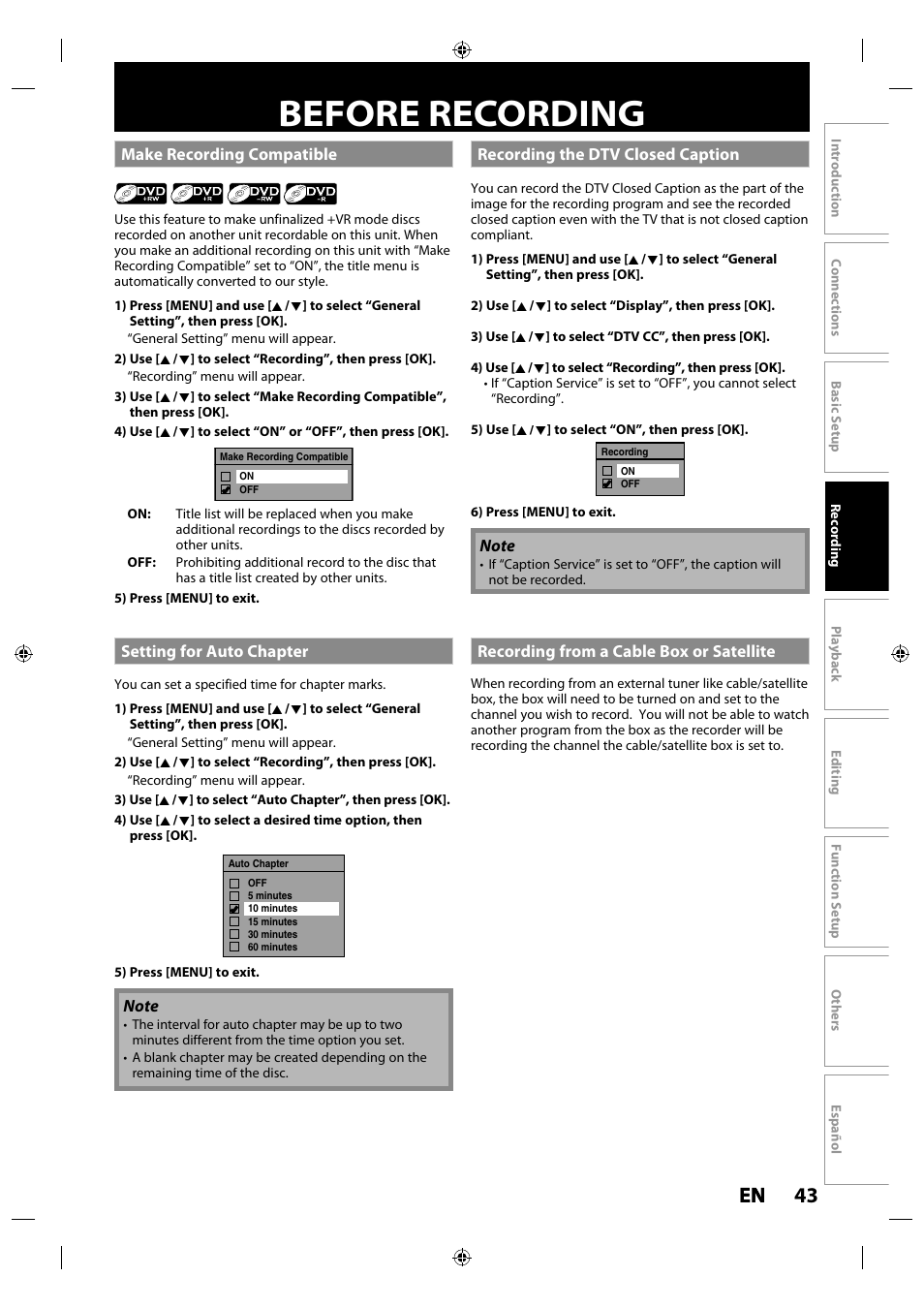 Before recording, Make recording compatible, Setting for auto chapter | Recording the dtv closed caption, Recording from a cable box or satellite, 43 en en | Philips MDR515H / F7 User Manual | Page 43 / 128