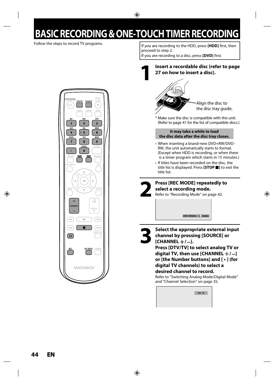 Basic recording & one-touch timer recording | Philips MDR515H / F7 User Manual | Page 44 / 128