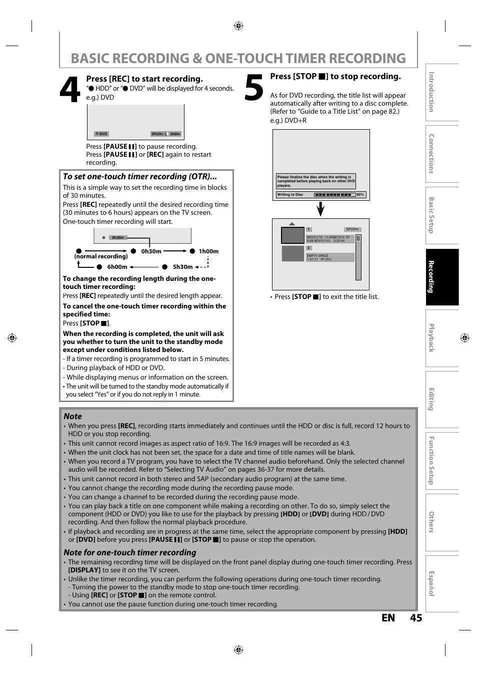 Basic recording & one-touch timer recording, 45 en en | Philips MDR515H / F7 User Manual | Page 45 / 128