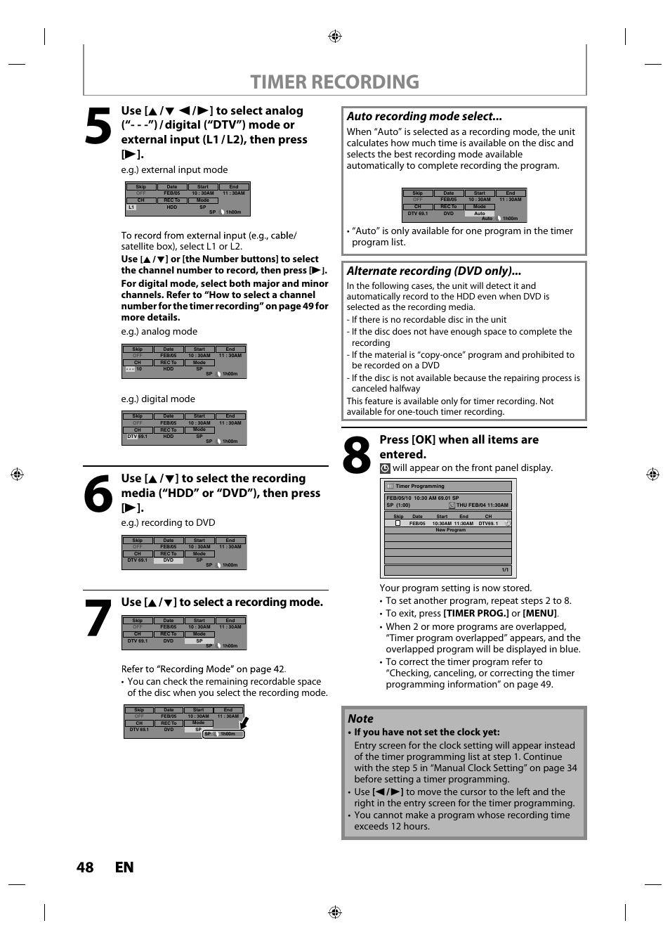 Timer recording, 48 en en, Use [ k / l ] to select a recording mode | Auto recording mode select, Alternate recording (dvd only), Press [ok] when all items are entered, E.g.) external input mode, E.g.) digital mode, E.g.) recording to dvd, Will appear on the front panel display | Philips MDR515H / F7 User Manual | Page 48 / 128