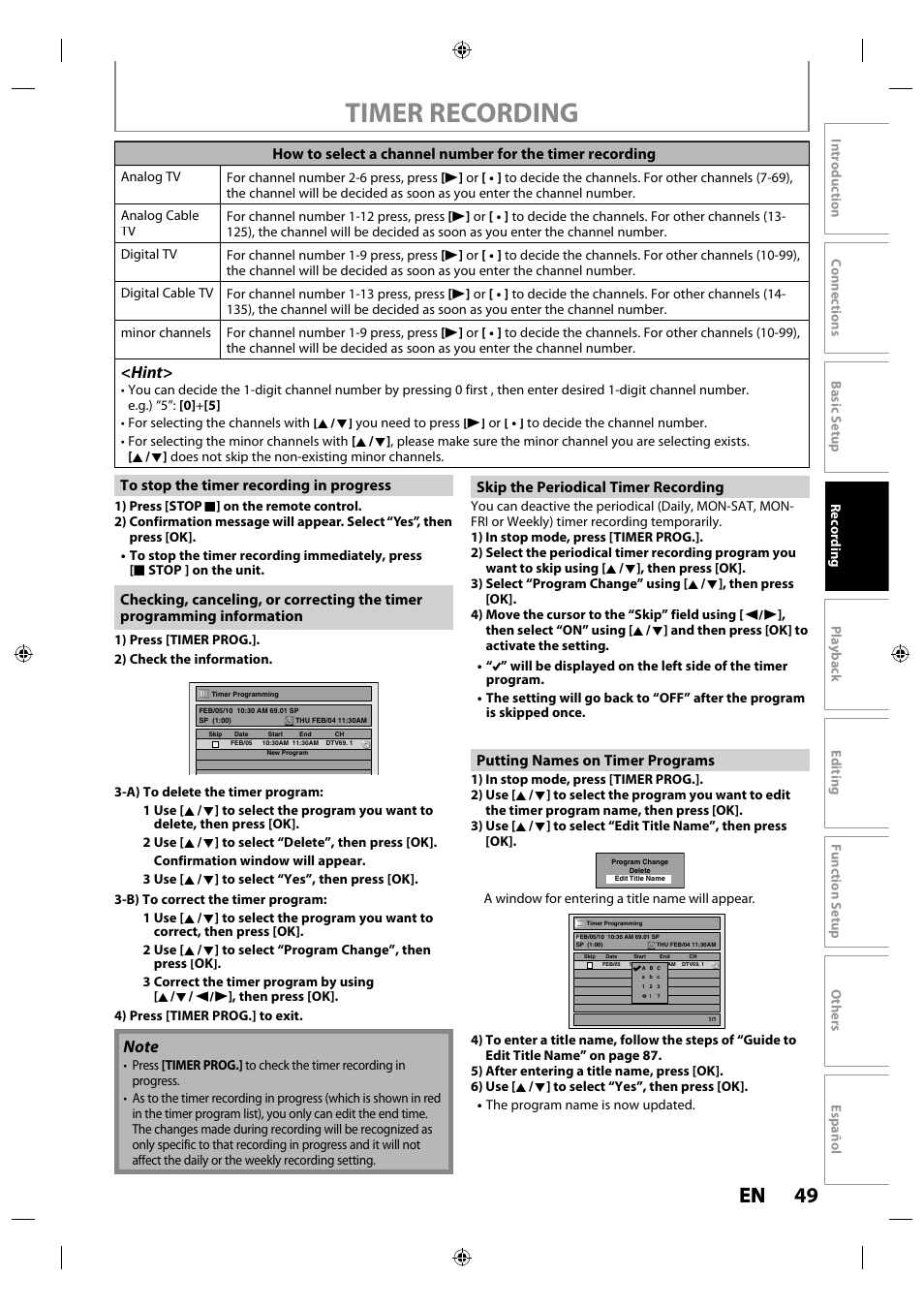 Timer recording, 49 en en, Hint | Skip the periodical timer recording, Putting names on timer programs | Philips MDR515H / F7 User Manual | Page 49 / 128