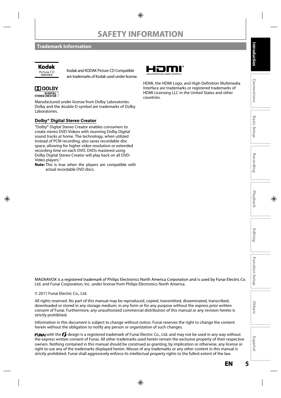 Trademark information, Safety information, 5en en | Philips MDR515H / F7 User Manual | Page 5 / 128