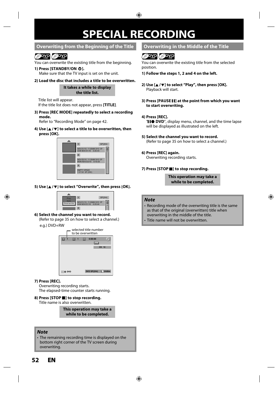 Special recording, Overwriting from the beginning of the title, Overwriting in the middle of the title | 52 en en | Philips MDR515H / F7 User Manual | Page 52 / 128