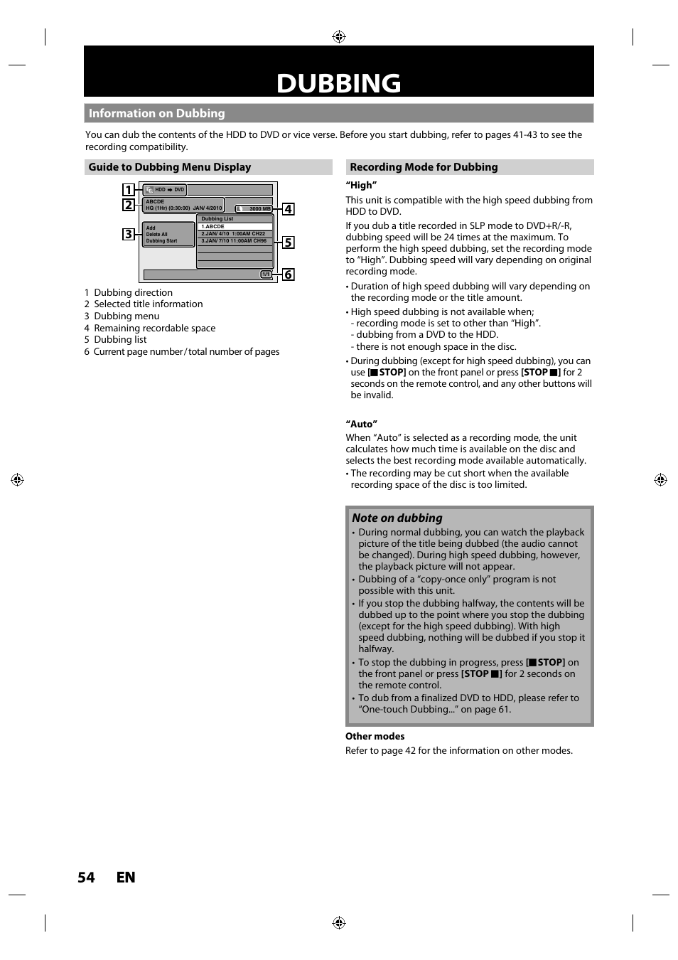 Dubbing, Information on dubbing, 54 en en | Philips MDR515H / F7 User Manual | Page 54 / 128