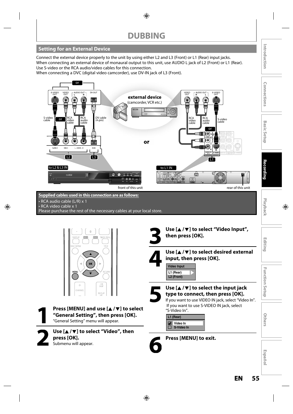 Setting for an external device, Dubbing, 55 en en | Use [ k / l ] to select “video”, then press [ok, Press [menu] to exit, External device | Philips MDR515H / F7 User Manual | Page 55 / 128